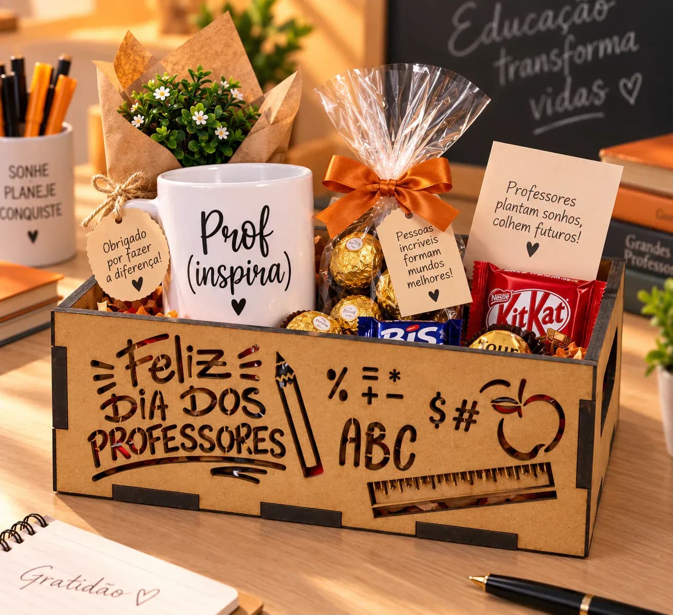 Caixa Presente Dia dos Professores em MDF Cru – Cesta para Caneca, Chocolates e Lembrancinhas